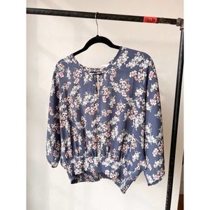 SIENNA SKY Women's Spring Blue Floral Short Sleeve Smocked Waistband Blouse sz S